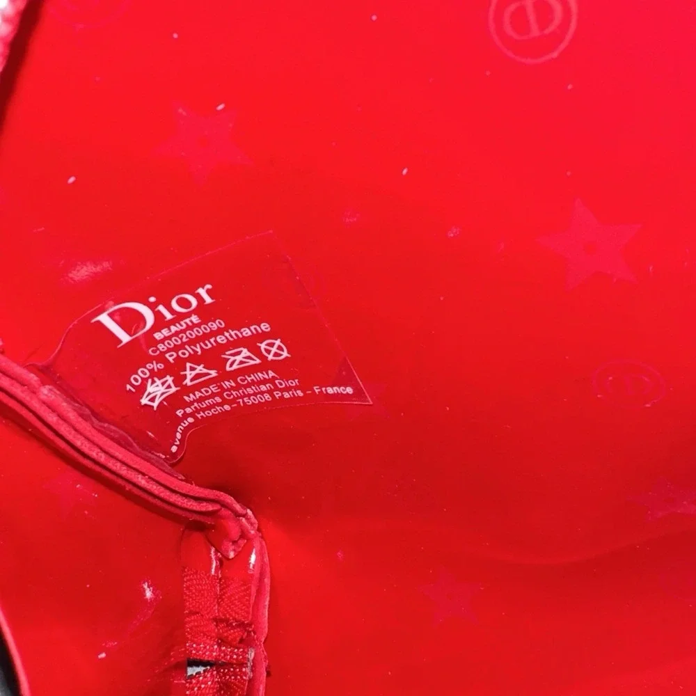 Christian Dior Makeup Pouch Red Faux Leather Cosmetic Bag Silver Dior Zipper New